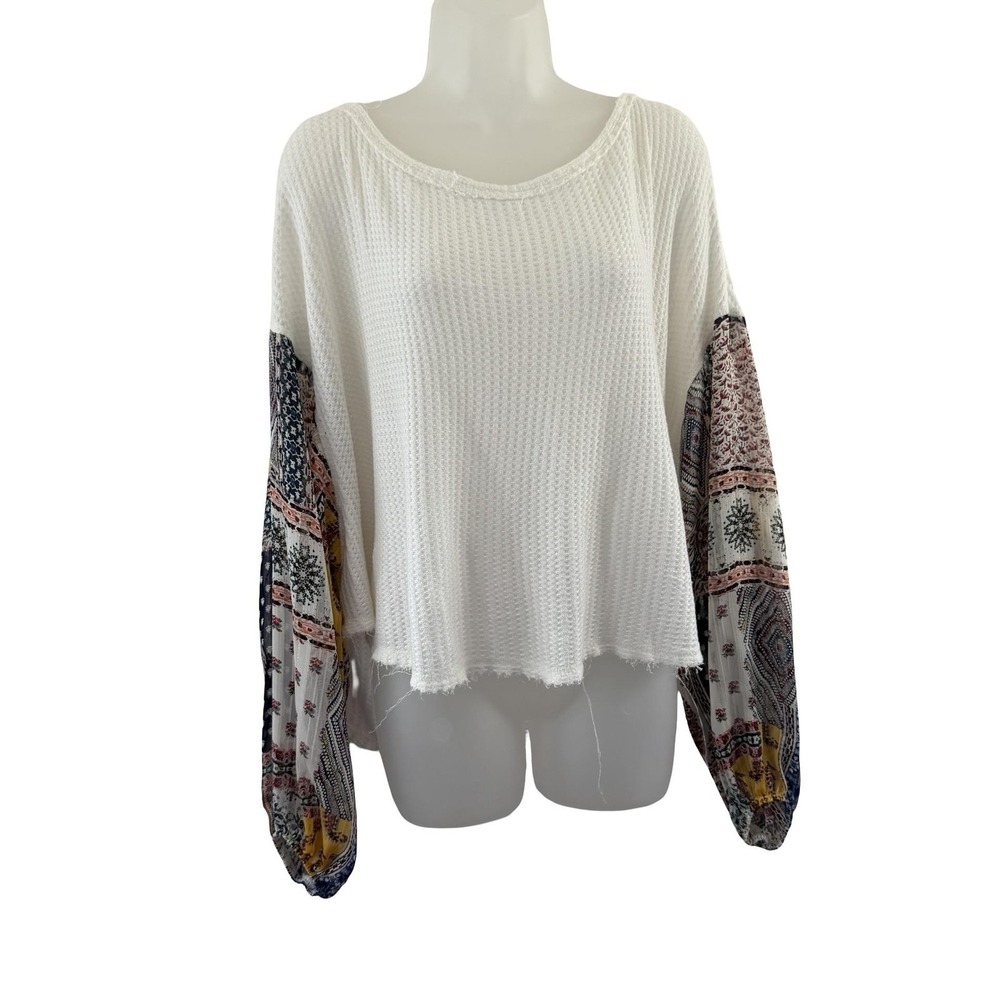 By Together Blouse Womens Small White Waffle Knit Boho Balloon Sleeve Top Raw - Picture 3 of 14